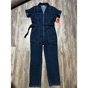 INTEMPO Women’s Denim Jumpsuit Size 12 Zip Front Belted Short Sleeve NWT